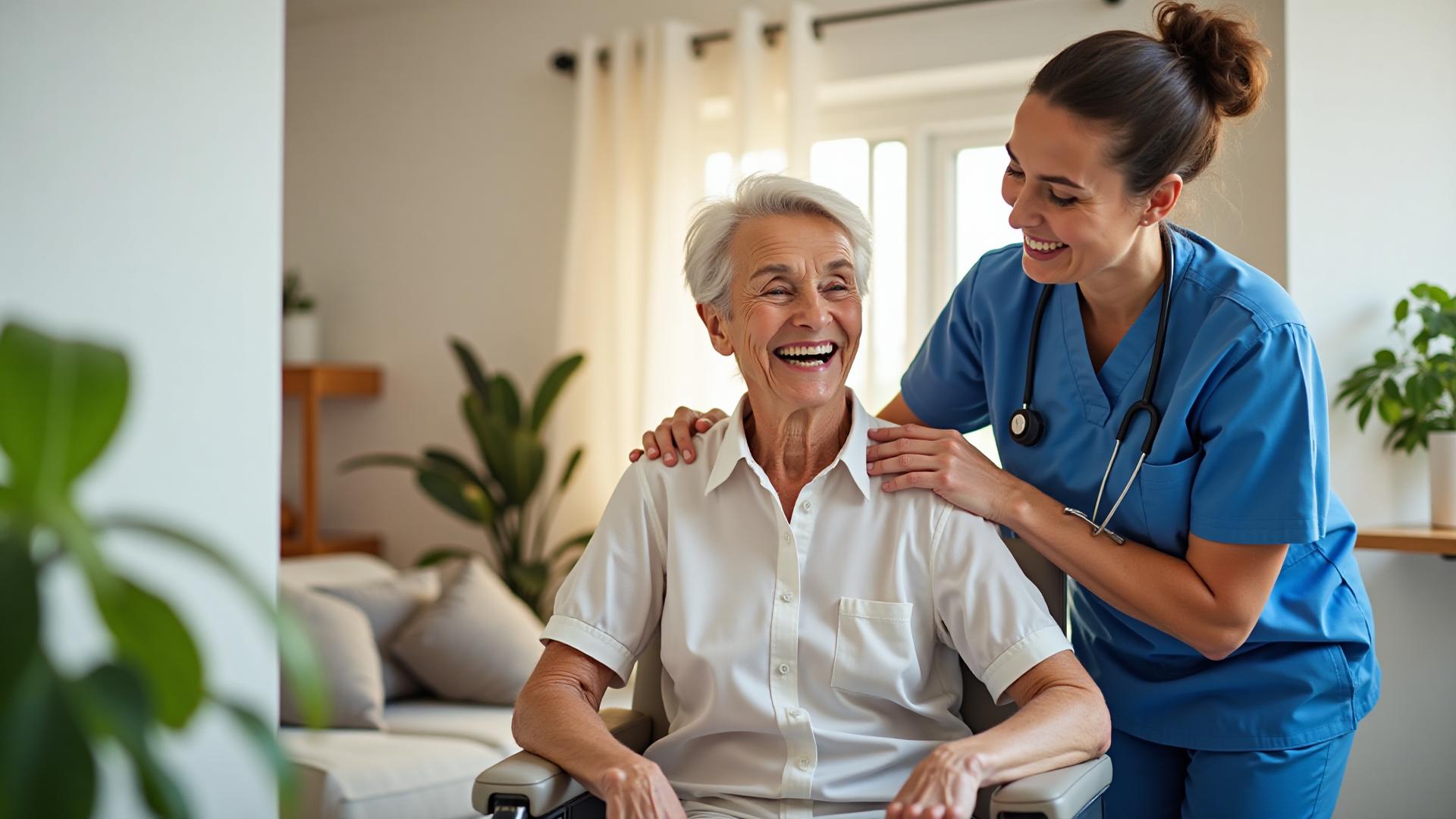 Cuidador profissional com idoso em casa
